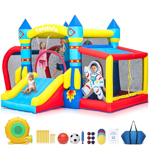 Space Adventure Bounce House, 7-in-1 Rocket Astronaut Theme Inflatable Castle with Slide, Air Blower, Ball Pit, Indoor Outdoor Bouncy House Birthday Party for Kids 3-6Y (11.5FT X 10FT X 7FT)
